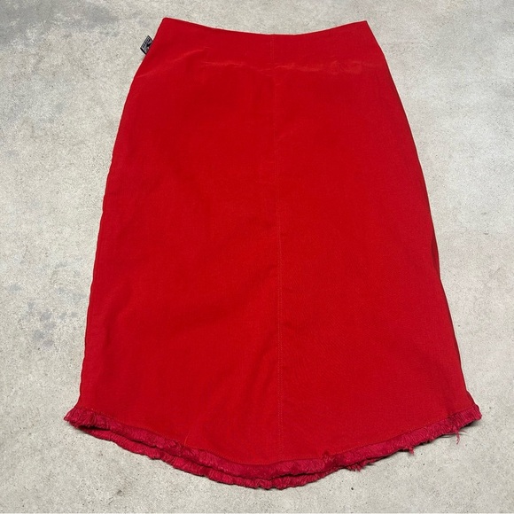 yLondon Red Midi Pencil Skirt Textured Fringe Hem Size 28 - Picture 1 of 6